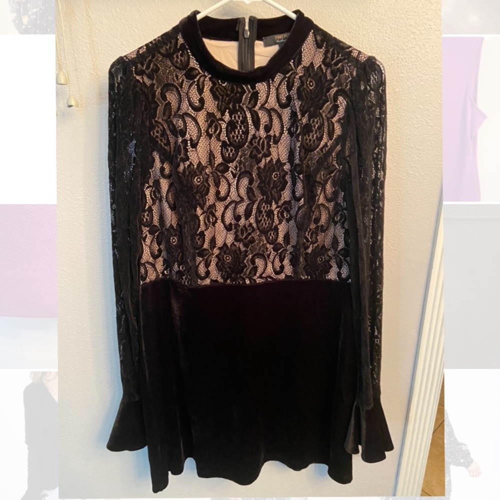 Fitted Black Lace and Velvet Dress